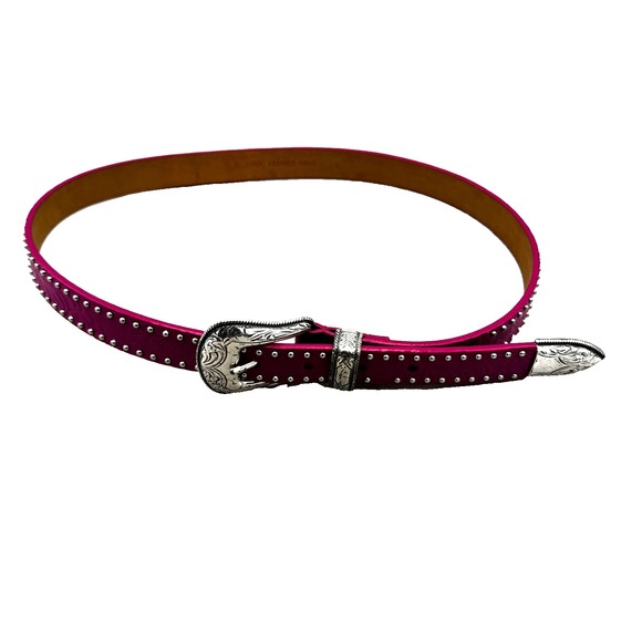 Tooled Studded Leather Western Belt Women's 38 Pink Floral Yellowstone Cowgirl - Picture 2 of 13